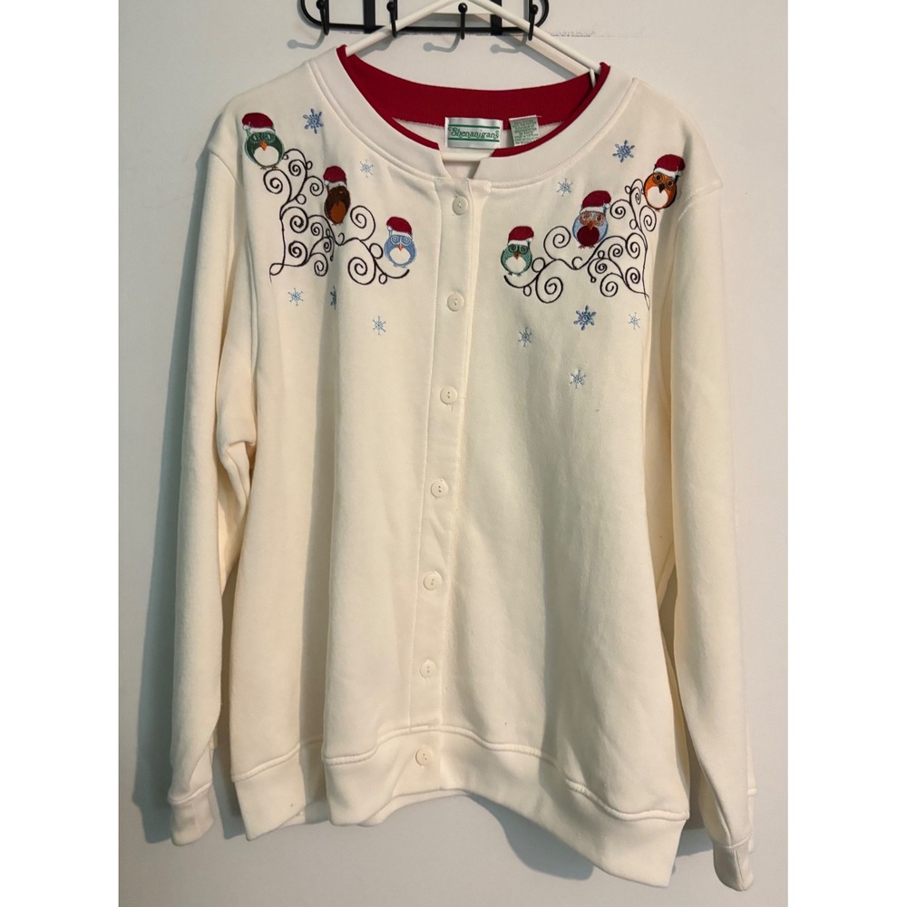 Vintage Shenanigans Cream Red Embroidered Owl Christmas Button Sweatshirt Sz‎ L